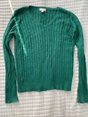 St. John's Bay Women's Teal Green V-Neck Cable Knit Sweater